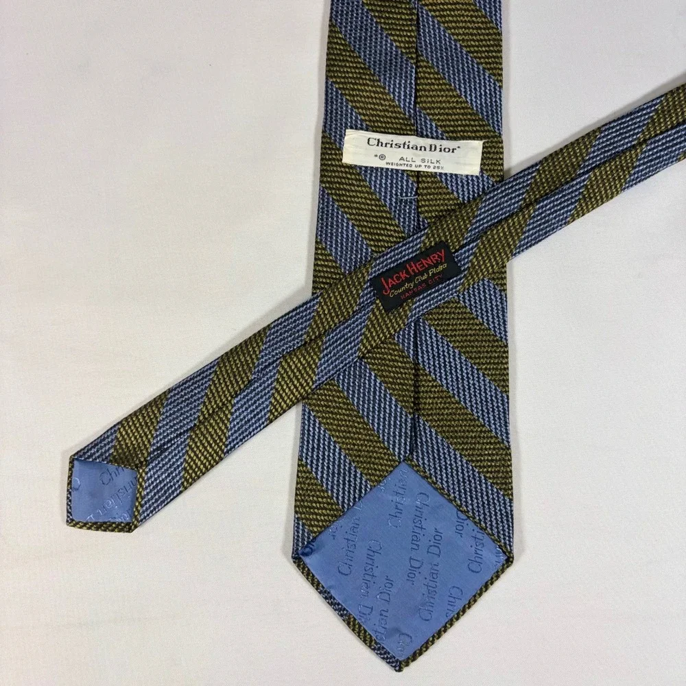 Christian Dior Mens Silk Necktie Vintage Striped Olive Green Blue‎ Designer Tie